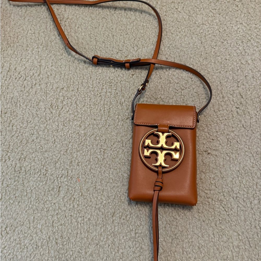 Tory Burch Tan Leather Crossbody with Gold Emblem.  Used once!